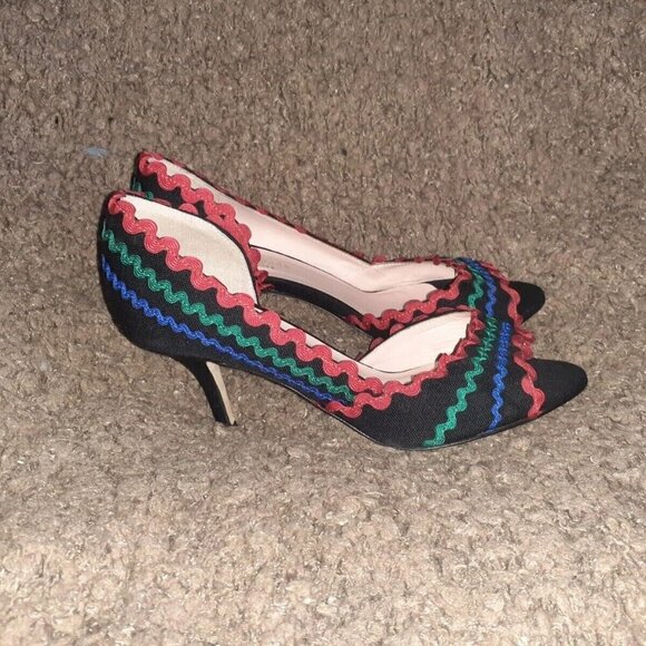 KATE SPADE-Saranne-d'Orsay Peep Toe-Black w/Red Green Blue Rick Rack-Sz 5.5-NM - Picture 4 of 7